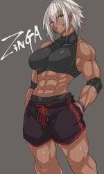 1girls abs big_breasts blue_eye dark-skinned_female facial_markings muscular_female original sharp_teeth white_hair zinga_(zokusuke) zokusuke