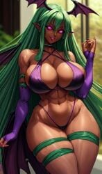 1girls ai_generated big_ass big_breasts blackwashed dark-skinned_female dark_skin darkstalkers demon_girl ebonization female female_only fighter green_hair hips_wider_than_shoulders hypnotic_eyes morrigan_aensland race_swap race_swap_fetish seductive strong_woman succubus thick_thighs thighs wide_hips