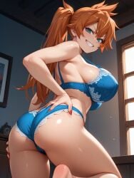 ai_generated ass ass_grab big_ass big_breasts blue_bra blue_panties blue_underwear breasts evil_grin evil_smile grabbing_own_ass huge_breasts isogil itsuka_kendou looking_at_viewer looking_back_at_viewer my_hero_academia orange_hair ponytail seductive_look teasing teasing_viewer