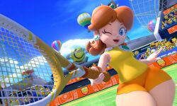 3d blue_eyes brown_hair clothing edit female female_only looking_at_viewer mario_(series) mario_tennis nintendo orange_shorts outdoors princess_daisy short_hair sky solo standing tennis thick_thighs thordersfm wide_hips