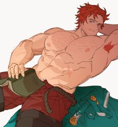 1boy abs arm_behind_head arm_hair armpit_hair armpits bara belt book book_on_lap chest_hair english_commentary fire fire_emblem fire_emblem:_three_houses highres large_pectorals looking_at_viewer lying male_focus on_back open_belt open_book orange_hair pectorals post-timeskip satodee scar scar_on_stomach smile sparse_chest_hair sylvain_jose_gautier topless_male white_background