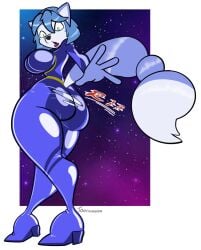 anthro big_breasts blue_body blue_fur blue_hair breasts canid canine female fox green_eyes krystal krystal_(assault_outfit) mammal nintendo open_mouth short_hair solo star_fox suit tail thick_thighs toonvasion torn_clothing white_body white_fur wide_hips