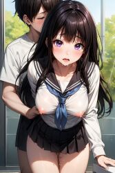 ai_generated black_hair blush chitanda_eru embarrassed hyouka oreki_houtarou purple_eyes shy stable_diffusion