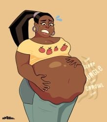 1girls artist_name bloated_belly clothed clothing dark-skinned_female dark_skin female female_only gassy huge_belly indigestion leshawna_(tdi) navel onomatopoeia ponytail rippling_stomach rumbling_stomach solo ssspinkie total_drama_island worried