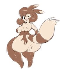 anus ass big_ass breasts brown_fur brown_hair curly_q eyelashes female fur furret hair keijimatsu looking_back nintendo nude one_eye_closed open_mouth pokemon pokemorph pussy smile solo tan_fur thick_thighs wide_hips wink