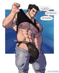 1boy abs bara bara_tits barazoku beard_stubble big_bulge big_penis black_hair blush body_hair bulge clothing cocky dialogue english_text erection_under_clothes gay hairy_male huge_bulge jockstrap looking_at_viewer looking_down looking_down_at_viewer low-angle_view lucas_lee male male_focus male_nipples male_only manly muscular muscular_arms muscular_chest muscular_male musk musk_clouds nipples pants_down pecs penis penis_outline scott_pilgrim shirt_lift smile smiling_at_viewer smirk smirking_at_viewer smug solo solo_male speech_bubble sweat sweatpants talking_to_viewer tank_top tank_top_lift text underwear wererdraws