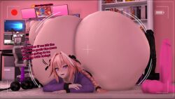 1boy 3d 3d_(artwork) ass ass_bigger_than_head ass_bigger_than_torso astolfo_(fate) big_ass bottom_heavy bottomless camera clothing computer dialogue dildo fat_ass fate_(series) femboy huge_ass hyper hyper_ass indoors jacket large_ass livestream looking_at_viewer lying lying_on_stomach male male_only massive_ass oakensfm pink_hair recording sex_toy solo streaming talking_to_viewer text thick_ass woodworksfm