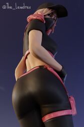 1girls 2020 3d ass athleisure_assassin blender clothed clothing epic_games female female_focus female_only fortnite fortnite:_battle_royale headwear highres leggings lewdrex light-skinned_female light_skin long_hair looking_at_viewer looking_back looking_down mask masked masked_female presenting presenting_ass solo standing two_tone_hair viewed_from_below watermark