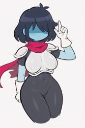 1girls ai_generated armor_plates black_bodysuit black_hair blank_expression blue_skin blue_skinned_female bored curvy_female deltarune female four_fingers frown kris_(deltarune) kris_female_(deltarune) pixai red_scarf scarf shadow_over_eyes shoulder_pads skin_tight_outfit solo thick_thighs white_gloves