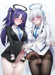 2futas ahe_gao balls bangs big_breasts big_penis blue_archive bottomless breasts clothed clothing cum duo ejaculation flaccid fully_clothed futa_only futanari gins hands-free handsfree_ejaculation hanee human light-skinned_futanari light_skin long_hair millennium_science_school_student mostly_clothed noa_(blue_archive) orgasm penis penis_size_difference purple_hair rolling_eyes seminar_(blue_archive) squatting standing stockings suit white_hair yuuka_(blue_archive)