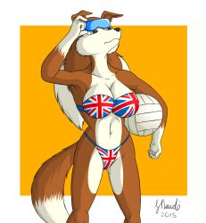 1girls anthro bikini british_female colleen flag_bikini furry road_rovers solo strikersa swimsuit union_jack union_jack_bikini