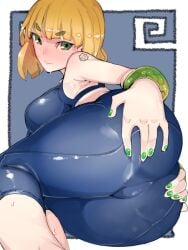 1girls arms_(game) ass ass_focus blonde_hair dat_ass female green_eyes green_nails large_ass legs_together looking_back min_min_(arms) nail_polish nintendo presenting_hindquarters short_hair solo sweat sweatdrop sweating takayama_toshinori thick_thighs wide_hips