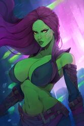 1girls 2023 big_breasts evviart female female_only gamora green_skin guardians_of_the_galaxy guardians_of_the_galaxy_(2014) long_hair looking_at_viewer marvel marvel_cinematic_universe marvel_comics nipple_bulge orange_eyes purple_hair solo