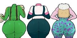 ass ass_comparison ass_size_chart big_ass blackwhiplash brown_hair bwl costume fat_ass flexing frog gameoveredits green_hair hero_outfit_(mha) huge_ass mina_ashido my_hero_academia ochako_uraraka pink_body pink_hair pink_skin teenage_girl teenager thick_thighs tight_clothing tsuyu_asui white_body wide_hips