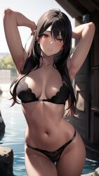 1girls ai_generated ai_mirror armpits arms_up belly_button black_hair black_underwear blush brown_eyes hands_behind_head lake lakeside light_skin long_hair looking_at_viewer medium_breasts rocks underwear water wooden_wall