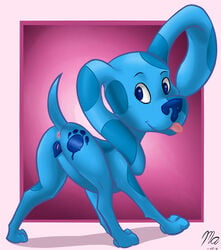 2016 animal_genitalia anus ass blue's_clues blue_(blue's_clues) blue_eyes blue_fur canine female feral fur looking_at_viewer magnificent-arsehole mammal nickelodeon nude paint pussy simple_background smile solo tongue