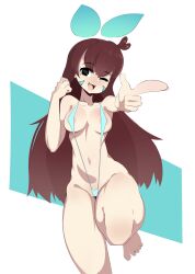 brown_hair bunny_ears cameltoe cheek_markings cute dark_eyes feet_out_of_frame pointing_at_viewer qyu qyuwi qyuwi_ai small_breasts thighs toned_female v_string_bikini virtual_youtuber vtuber wink