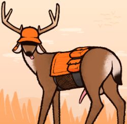 anatomically_correct anatomically_correct_genitalia animal_genitalia animal_penis antlers ass balls baseball_cap bodily_fluids brown_body brown_fur cervine_genitalia cervine_penis chumsport_(wendigoop) clothed clothing cum deer digital_media_(artwork) ear_piercing ear_ring feral forest fur genital_fluids genitals hat headgear headwear horn leaking_cum looking_at_viewer male mammal mule_deer nature new_world_deer orange_clothing outside penis piercing plant presenting presenting_hindquarters rear_view ring_piercing saddle_bag simple_background solo tail tan_body tan_fur tongue tongue_out tree wendigoop