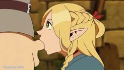 1boy 1girls animated armor blonde_hair blowjob blush braided_twintails choker cute deepthroat deepthroat_no_hands dungeon dungeon_meshi elf eye_contact fellatio female french_braid green_eyes hands-free kneeling laios_touden male male_human/female_elf marcille_donato mp4 no_gag_reflex no_sound oral oral_sex pale-skinned_female penis petite pointy_ears shorter_than_10_seconds shy skinny straight throat_bulge throat_fuck tongol123 twintails video