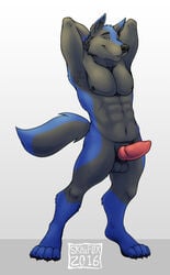 1boy abs anthro areola armpits balls barefoot canine claws erection fur knot looking_at_viewer male male_only mammal manly muscular navel nipples nude pawpads paws pecs penis sharp_claws skaifox smile solo toe_claws wolf