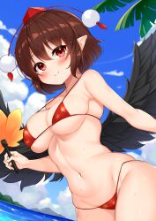 bikini bird_wings black_wings blue_sky blush breasts brown_hair cleavage closed_mouth cloud daichi_(tokoya) female groin hand_fan hat hauchiwa highres holding holding_fan large_breasts looking_at_viewer micro_bikini navel outdoors pointy_ears pom_pom_(clothes) red_bikini red_eyes red_headwear shameimaru_aya short_hair sky smile solo swimsuit tokin_hat touhou wings