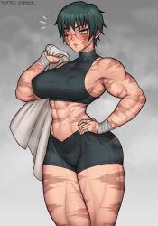 1girls abs after_exercise bare_arms bare_legs bare_shoulders bare_thighs big_breasts blush cheekie0 clothed clothing color exercise eye_closed female female_focus female_only glasses green_hair gym_clothes hi_res jujutsu_kaisen large_breasts light-skinned_female light_skin looking_at_viewer muscular muscular_arms muscular_female muscular_legs muscular_thighs nipples_visible_through_clothing scar scars short_hair solo sweat thick_thighs towel yellow_eyes zenin_maki