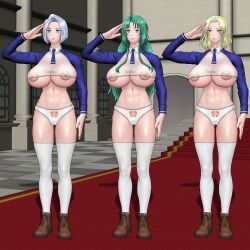 3girls amalda_(fire_emblem) aqua_hair areola_slip areolae ass_visible_through_thighs bare_thighs blonde_hair breasts cecilia_(fire_emblem) covered_nipples earrings expressionless female female_only femsub fetitaro23 fire_emblem fire_emblem:_the_binding_blade fire_emblem:_the_sacred_stones fire_emblem:_thracia_776 full_body green_eyes green_hair grey_eyes grey_hair huge_breasts long_hair long_sleeves medium_hair mind_control multiple_girls multiple_subs nintendo panties partially_visible_vulva reverse_cowgirl_position salute see-through selena_(fire_emblem:_the_sacred_stones) shirt short_hair slave standing thighhighs thighs underboob underwear very_long_hair white_panties