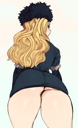 absurdres ass ass_focus black_dress black_headwear blonde_hair capcom cowboy_shot dress female from_behind from_below fur_hat gradient_background hat highres kolin long_hair looking_at_viewer looking_back pencil_dress profile short_dress simple_background solo street_fighter street_fighter_iii street_fighter_iii:_3rd_strike street_fighter_iii_(series) street_fighter_v thighs turning_head wavy_hair white_background whoopsatro