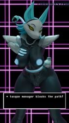 1girls 3d blender blender_(software) blender_cycles breasts cat_ears deltarune disamit english_text female female_only furry glowing_genitalia glowing_nipples glowing_pussy solo tagme tasque_manager_(deltarune) text undertale undertale_(series)