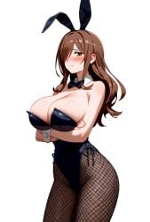 ai_generated bare_thighs blush brown_eyes brown_hair bunny_ears bunny_girl bunnysuit ccsc embarrassed gigantic_breasts hair_over_one_eye huge_breasts huge_thighs kono_subarashii_sekai_ni_shukufuku_wo! light-skinned_female light_skin long_hair looking_at_viewer massive_breasts mature_female milf rabbit_ears solo_female squatting sweat sweatdrop thick_body thick_female thick_thighs thighs voluptuous voluptuous_female wiz_(konosuba)