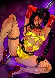 1boy black_hair black_panties blush choker collar crossdressing dark_skin feminine_male fishnets flushed high_heels jamie_siu long_gloves manly_crossdresser muscular pole_dancing red_gloves red_heels skimpy_clothes squatting street_fighter street_fighter_6 stripper_pole thighhighs tied_hair yellow_dress