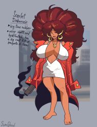 big_breasts big_hair dark-skinned_female earrings gun orange red_hair red_jacket scarlet_debonair_(sumghoul) sumghoul tagme