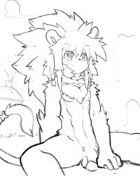 abs anthro athletic circumcised feline flaccid front_view greyscale humanoid_penis leo_(whiteleo) line_art lion looking_away male male_only mammal mane monochrome nalls nistly_nude pecs penis reclining scarf sitting sketch smile spread_legs spreading whiteleo