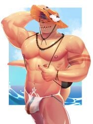 animal_ears beach bulge furry male male_only muscular nipples rjay_owo swimsuit tail tribal_markings