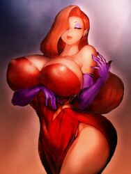 1girls breasts busty cleavage clothes disney dress elbow_gloves eyeshadow female female_only fumio_(rsqkr) gloves hair_over_one_eye human jessica_rabbit large_breasts lipstick long_hair makeup red_hair solo standing voluptuous who_framed_roger_rabbit