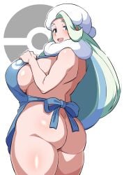 1girls :d apron apron_only ass back_view big_ass big_breasts blue_eyes blue_hair blush breasts female female_only fur_hat green_hair hair_over_one_eye hands_over_breasts human human_only light-skinned_female light_skin mantan melony_(pokemon) naked_apron nintendo old_woman poke_ball_symbol pokemon pokemon_ss scarf simple_background standing thick_eyebrows thick_thighs thighs two_tone_hair white_background