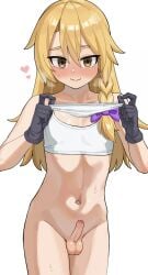 1boy blonde_hair blush bo_(bocky0w0) bottomless cookie_(touhou) erection femboy feminine_male girly gloves highres holding holding_clothes holding_underwear kirisame_marisa long_hair male male_only otoko_no_ko penis rei_(cookie) solo sports_bra sweatdrop touhou trap underwear visible_air yellow_eyes