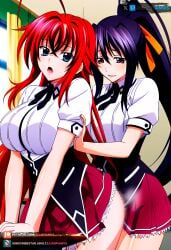 2girls ai_generated akeno_himejima big_breasts bigass blue_eyes blush curvy curvy_figure dark_purple_hair grabbing grabbing_from_behind high_school_dxd juanpiamvs long_hair open_mouth patreon patreon_username pink_eyes ponytail pressing_ass red_hair rias_gremory school_uniform subscribestar subscribestar_username watermark