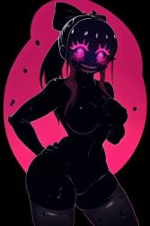 ai_generated black_body black_bow black_hair black_thighhighs bloody_tears bow_in_hair breasts controlled corrupted crossover curvy curvy_female curvy_figure doki_doki_literature_club fnf_(doki_doki_takeover) friday_night_funkin friday_night_funkin_(corruption_mod) friday_night_funkin_mod glowing_eyes hand_on_hip infected looking_at_viewer monika_(doki_doki_literature_club) naked naked_female nude pink_eyes pink_teeth pixai ponytail sidelocks simple_background teeth thick_thighs touching_breast wet wet_body