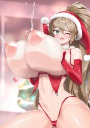 1girls bea_(adfhbcf4326) bikini blurry_background blush breasts breasts_bigger_than_head brown_hair christmas gigantic_breasts gloves grabbing grabbing_own_breast green_eyes hat huge_breasts lactation long_hair looking_at_viewer navel nipples one_eye_closed open_mouth original_character ponytail pussy red_bikini santa_hat smile solo squeezing_breast squeezing_breasts_together swimsuit very_long_hair