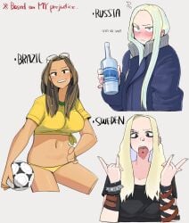 3girls bikini bikini_bottom black_shirt blonde_hair brazil_(ohasi) breasts brown_hair cleavage ear_piercing eyebrow_piercing eyewear_on_head female female_only football jacket long_hair multiple_girls navel nose_piercing ohasi piercing red_hair russia_(ohasi) short_sleeves soccer sunglasses sweden_(ohasi) tied_shirt tongue_piercing vodka yellow_bikini yellow_bikini_bottom yellow_shirt