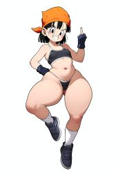 1girls aged_up ai_generated bandana black_clothing black_hair calvin_klein cameltoe dragon_ball dragon_ball_gt dragon_ball_z female gloves grin huge_thighs looking_at_viewer middle_finger novelai orange_bandana pan_(dragon_ball) plain_background short_black_hair shortstack solo solo_female sports_bra thick_thighs thong white_background wide_hips