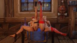 2girls 3d amber_eyes ass ass_tattoo big_breasts blonde_hair blood_elf breasts busty cia_nightfire completely_naked_female completely_nude_female elf female female_only gold_eyes high_elf leg_up legs legs_apart legs_up morilymory nude_female open_legs pale_skin pink_pussy playful pointy_ears pubic_tattoo pussy red_hair sarisia_sunfeast showing_offnude spread_legs spread_pussy tattoo tattoos tongue tongue_out warcraft white_skin world_of_warcraft yellow_eyes