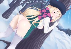 1boy against_tree ass beret blonde_hair blush bra bra_pull breasts closed_eyes cum cum_in_pussy dutch_angle eyebrows female gloves hat highres human human_only k-on! long_hair male medium_breasts mittens nipples panties panty_pull pantyhose pantyhose_pull penetration penis pussy pussy_juice rikorin scarf sex snow straight tree tsumugi_kotobuki_(k-on!) uncensored underwear vaginal_penetration