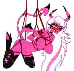 breasts drawn female female_only helluva_boss high_heels skeleslay solo solo_female succubus tied_up verosika_mayday_(helluva_boss) white_hair