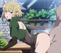 accurate_art_style ai_generated ass big_ass blue_eyes dungeon_ni_deai_wo_motomeru_no_wa_machigatteiru_darou_ka elf elf_ears female kuudere male_human/female_elf ryuu_lion sex short_hair