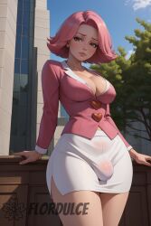 ace_attorney ai_generated april_may brown_eyes building bulge bulge_through_clothing cleavage covered_penis flaccid flordulce futa_only futanari gyakuten_saiban jacket outdoors penis_bulge pink_hair pink_jacket skirt solo_futa standing white_skirt