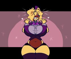 1girls anthro arms_up big_breasts booty_shorts bowtie breasts chubby chubby_female collared_shirt curvy curvy_female curvy_figure female female_only five_nights_at_freddy's five_nights_at_freddy's_4 fredbear fredbear_(fnaf) hair_over_one_eye happy heart hourglass_figure huge_breasts large_breasts massive_breasts rule_63 sharp_teeth slightly_chubby solo stockings stormkinght thick thick_thighs thighs thunder_thighs voluptuous voluptuous_female