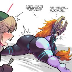 1boy 1girls anus ass blonde_hair dat_ass english_text feet female fork hi_res huge_ass imp_midna link link_(twilight_princess) male midna monster_girl nintendo pinkkoffin pussy simple_background spread_legs the_legend_of_zelda thick_thighs twilight_princess two_tone_body uncensored