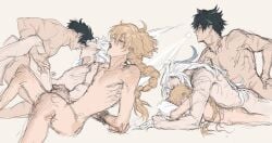 3boys aether_(genshin_impact) blonde_hair blush genshin_impact gripping_thighs legs_up messy_hair moaning naked neuvillette_(genshin_impact) panting penis sandwiched size_difference sketch sketch_page threesome twink wriothesley_(genshin_impact) yaoi